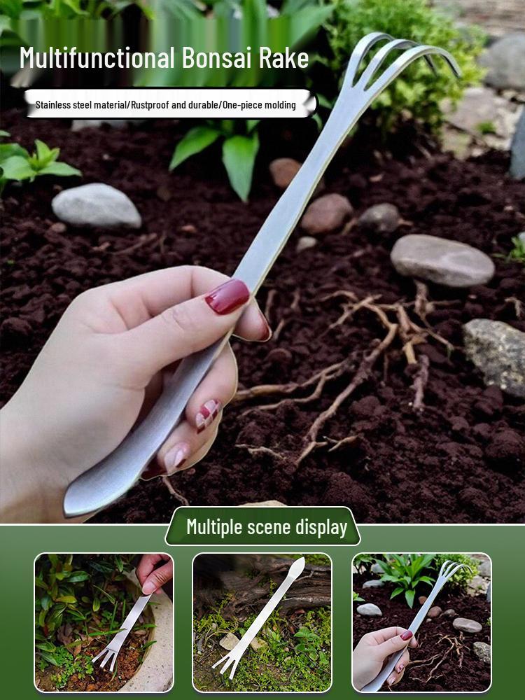 Dual-Headed Stainless Steel Bonsai Rake for Soil Loosening & Bud Picking in Flower Pots