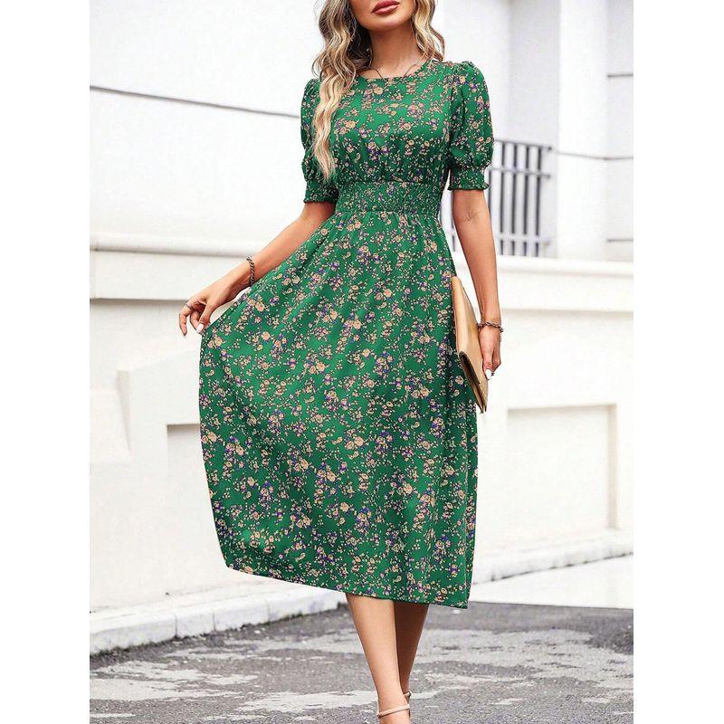Sweet Summer New Arrival European Fashion Round Neck Small Floral Elastic Waist Tight Waist Puff Short Sleeve Mid Length Long Length Dress