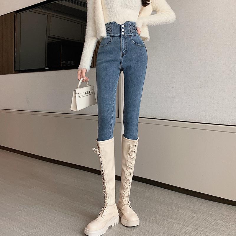 Women's High Waist Jeans Straight Elastic Slim Long Denim Pants Vintage Pencil Pants