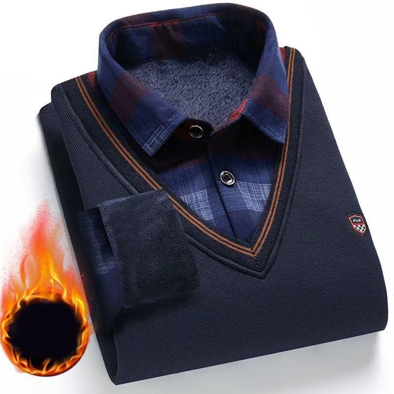 Men's Plush Sweater Autumn Winter Fake Two Piece Pullover Polo Shirt Collar Fleece Thick Warm Top Clothes Casual Jumpers