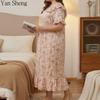 Floral Print Nightgown Women V‑Neck Lace Ruffle Short Sleeve Midi Loose Plus Size Romantic Pastoral Casual Sleepwear