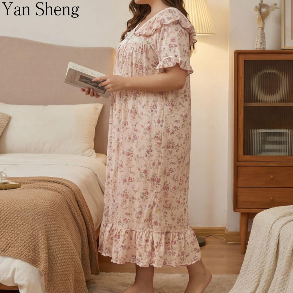 Floral Print Nightgown Women V‑Neck Lace Ruffle Short Sleeve Midi Loose Plus Size Romantic Pastoral Casual Sleepwear