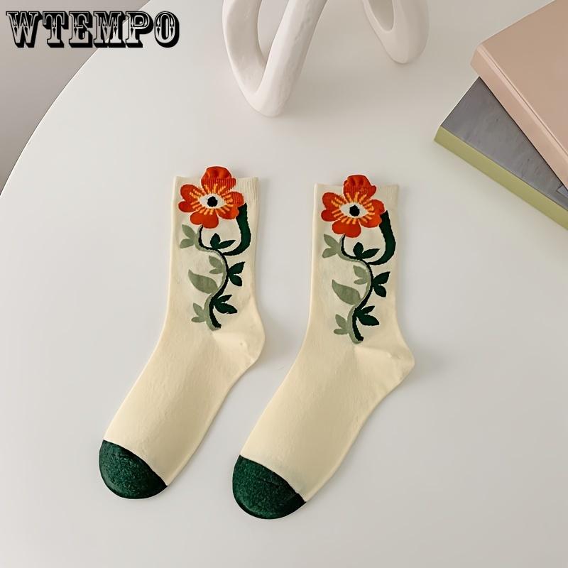 5pcs Women's Mid-Calf Socks, Vintage Floral Print, Breathable Casual Style, Polyester and Spandex Blend, Everyday Fashion Accessory