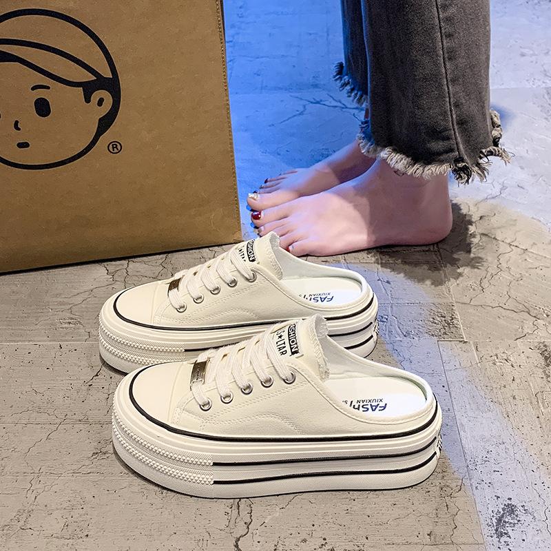 

Баотоу полутапочки женские уличные 2025 новые женские без каблука ленивые парусиновые кеды на платформе повседневные тапочки тренд 40 белый