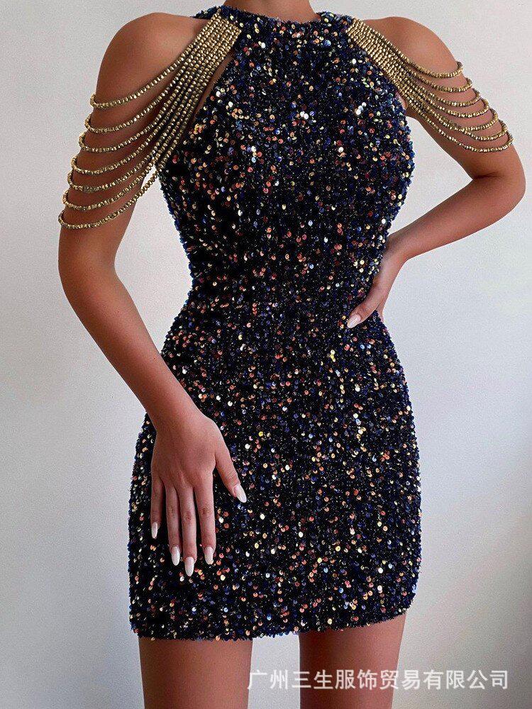 Spring and Summer Women's Dress Fashion Hanging Neck Sexy Crystal Tassel Hip Sequins Dress Midi Evening Gowns