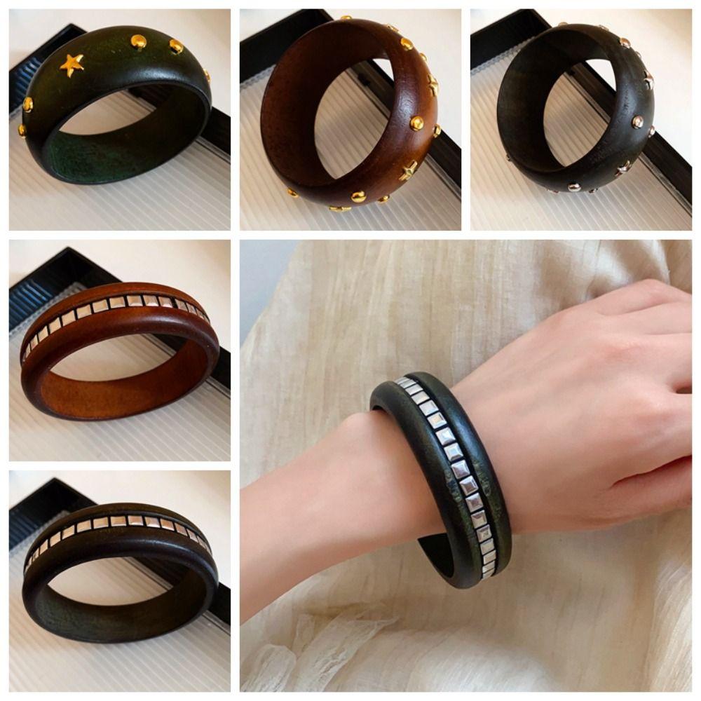 Punk Wooden Bracelet Wide Rivets Bangle Vintage Round Bracelet  Women