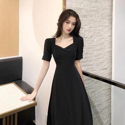 Yaz Günlük Moda Elbise Fransız Retro Elbise Hepburn Tarzı Yaz Siyah Elbise Kadın Yaka Diz Üstü Elbise