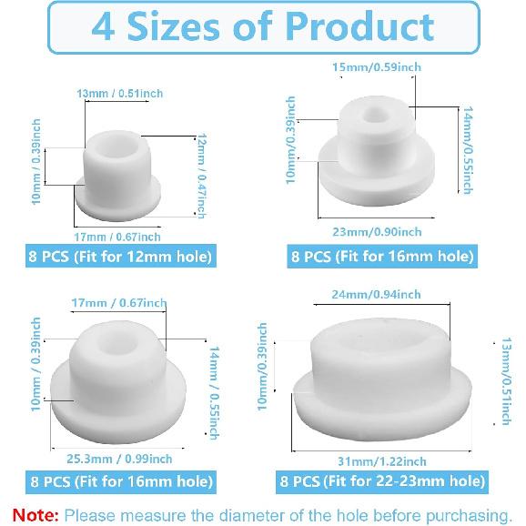 32 PCS Bathtub Jet Covers Silicone Hole Plug Waterproof Tube Plugs White 4 Sizes Bathtub Plug Fit for 12mm 14mm 16mm 22-23mm Bathtub Hole