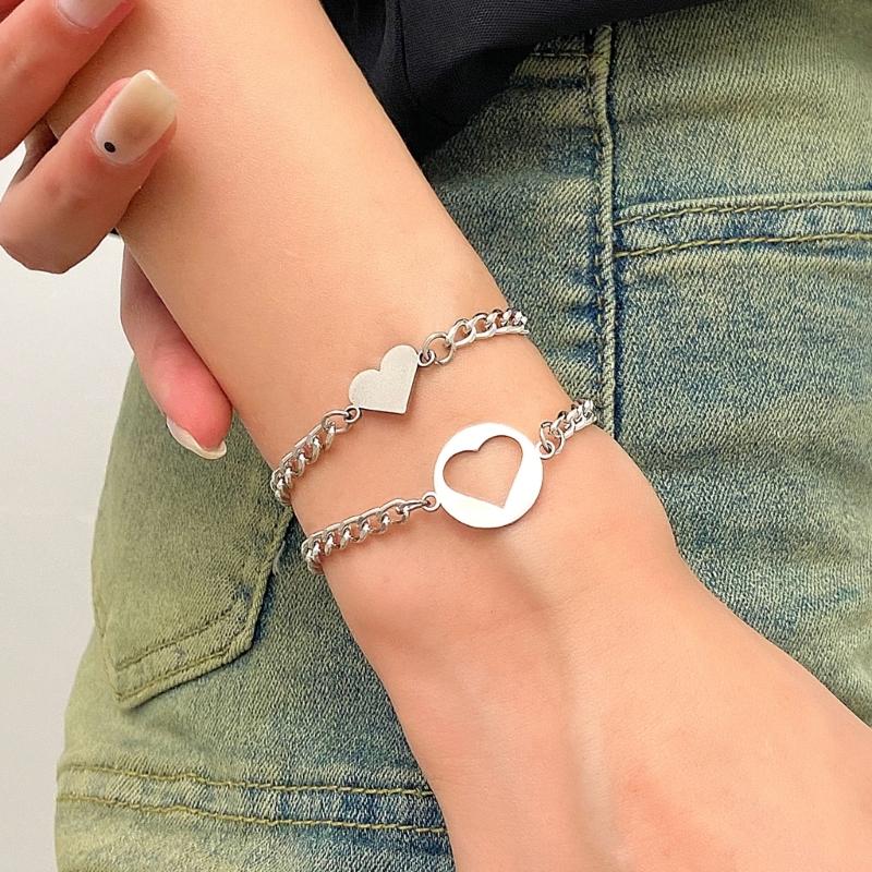 2Pcs/set Stainless Steel Simple Hollow Love Sun Moon Chain Bracelets Temperament Ins Chain Ladies Couple Card Bracelet