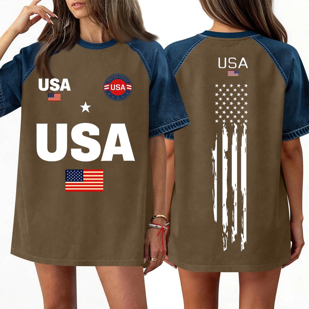 Women's Denim Patchwork Top, Casual Short-sleeved Comfortable T-shirt, Fashionable For Spring And Summer.