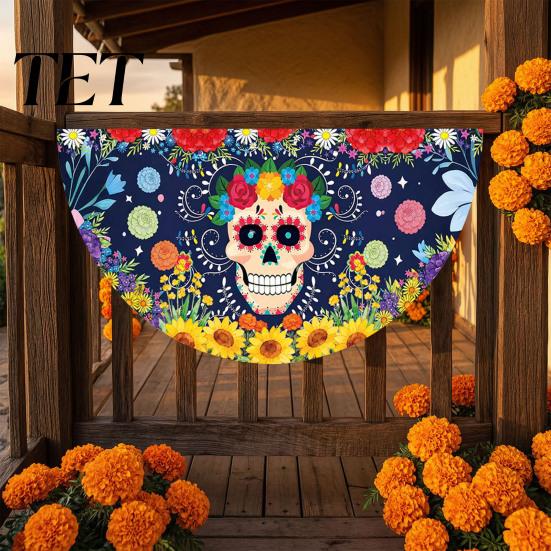 Colorful Cemetery Memorial Flag Day of The Dead Skull Bunting Banner, Marigold Print Fiesta Hanging Flag, Sugar Outdoor Yard Party Decor Floral