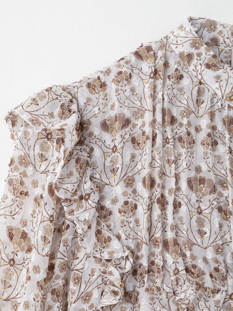 2025 Spring Women's European & American Style Tulle Print Long Sleeve Shirt