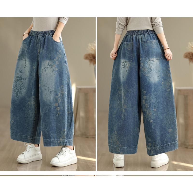 DIMANAF 2025 Plus Size Autumn Jeans New Long Pants Floral Print Women Loose Denim Trousers Big Size Casual