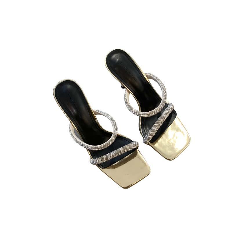 Beautiful High-heeled Sandals Women's New Models with Skirts, Cool Slippers, Square-headed Rhinestone Slips.