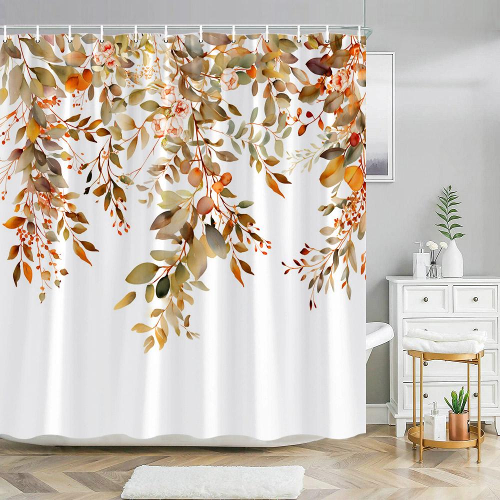 Watercolor Autumn Hanging Leaves Botanical Shower Curtain Fall Thanksgiving Bathroom Bathtubs Decor Easy Care Washable Durable