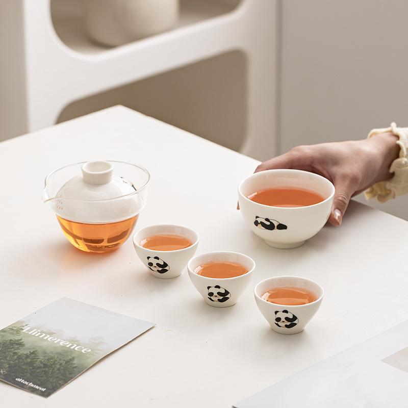 Suet jade porcelain travel tea set portable one-person drink panda express cup business trip outdoor camping small gift