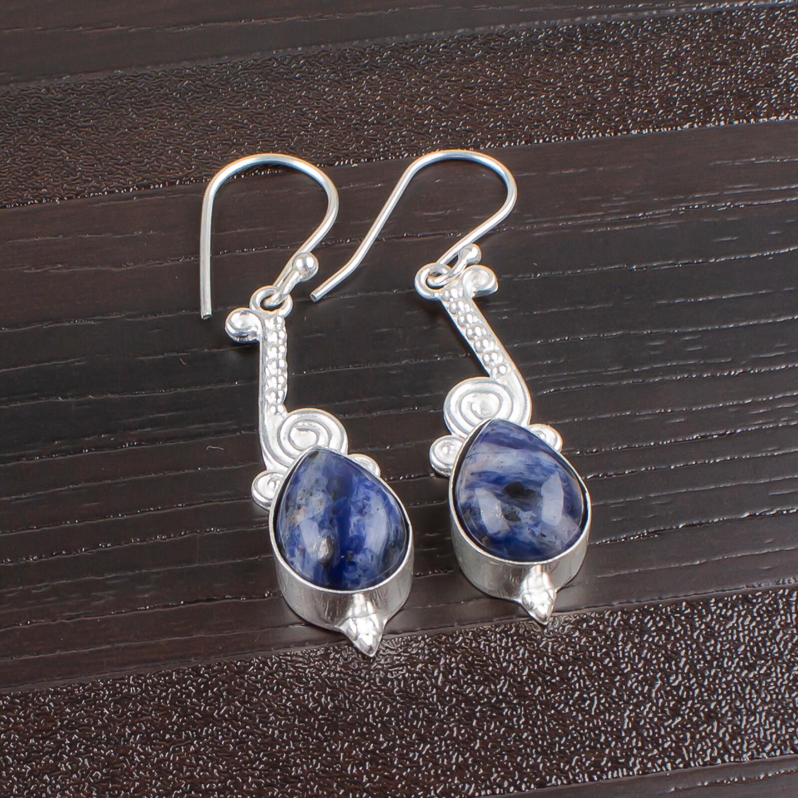 

Натуральный содалит Драгоценный камень 925 Стерлинговое серебро Модные ювелирные изделия Серьги 2,10 EE-37-29