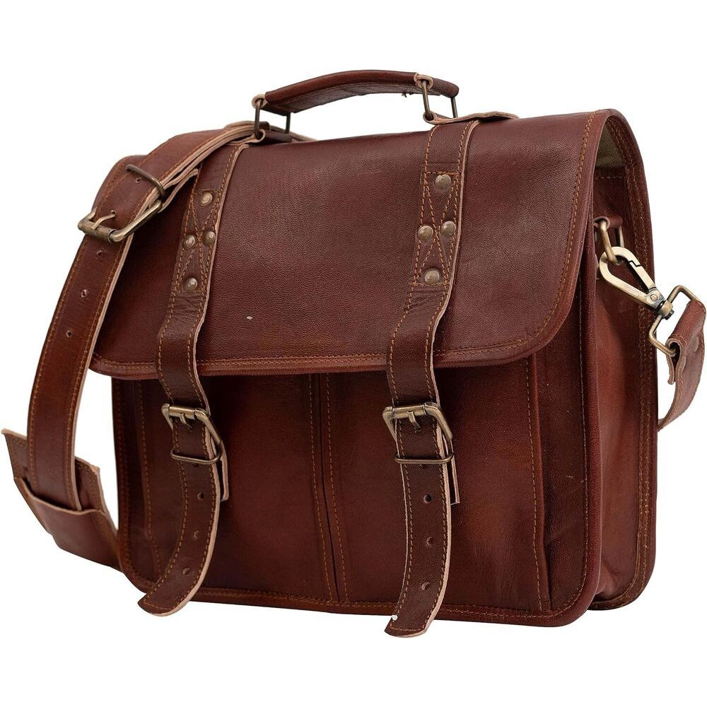 Vintage Goat Leather Messenger Real Satchel Genuine Laptop Brown Briefcase Bag