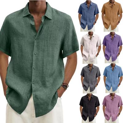Men's Fashion Lapel Collar Solid Color Shirts Short Sleeve Summer Shirts Casual Loose Soft And Comfortable Cotton Linen Shirts Men Tops Work Shirts