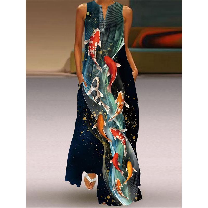 Fashion Style 3D Print Dress Animal Pattern Stage Show Stylish Clothing V Neck Sleeveless Pocket Maxi Dress