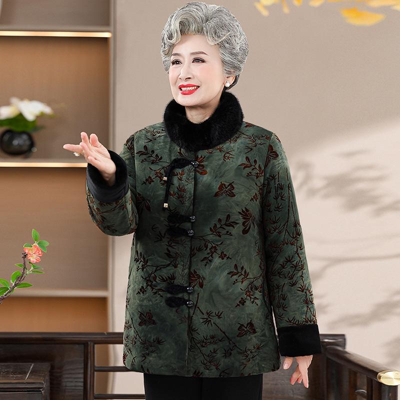 Women's Winter Cotton Jacket - New Chinese Style for Middle-aged and Elderly, Mom's Velvet-Lined, Thick, Warm Coat.