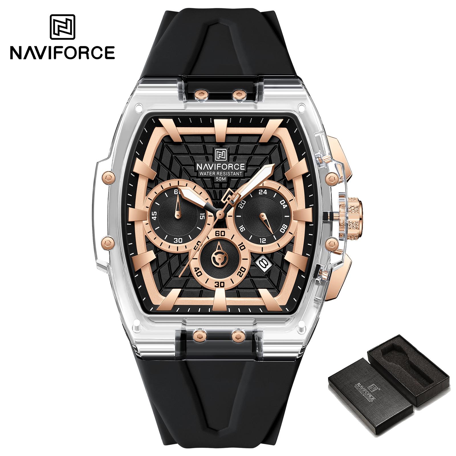 

NAVIFORCE Original Men Sports Chronograph Watch Quartz Movement Silicone Strap 50m Waterproof Luminous Pointer Lightweight Men Casual Watch NF6113 срібний/рожевий колір золота