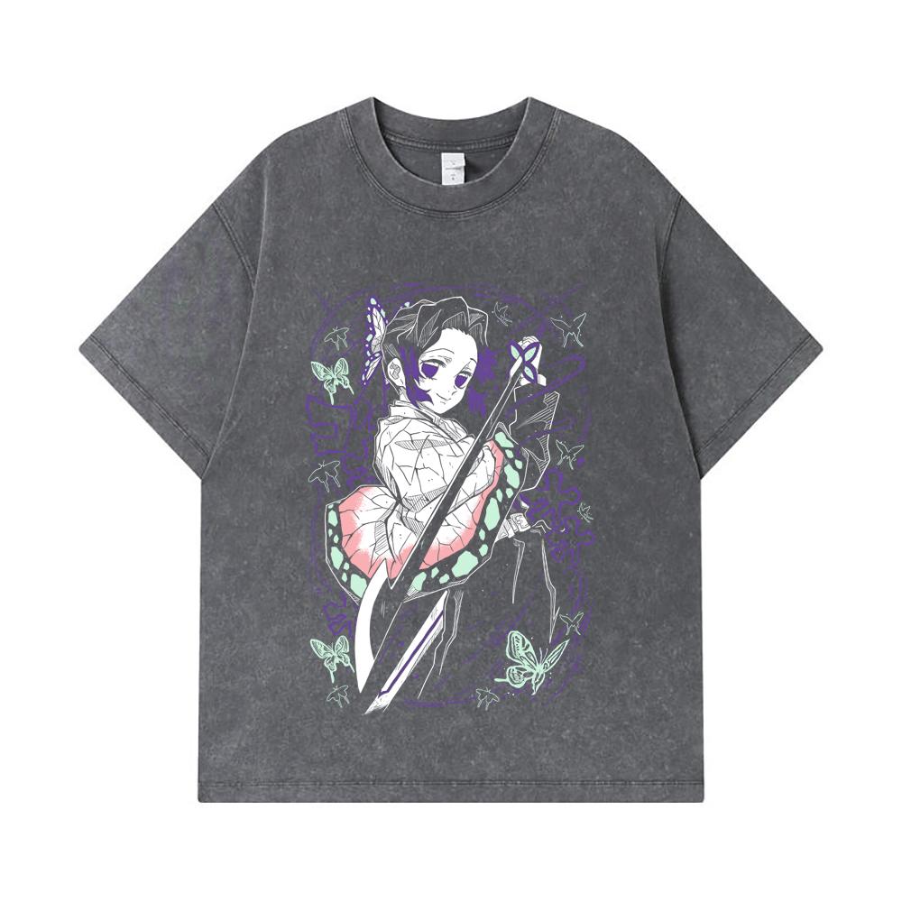 275 GSM Washed T-shirts 100% Cotton Demon Slayer V44 Shibobu Print Unisex Heavy Cotton T Shirt