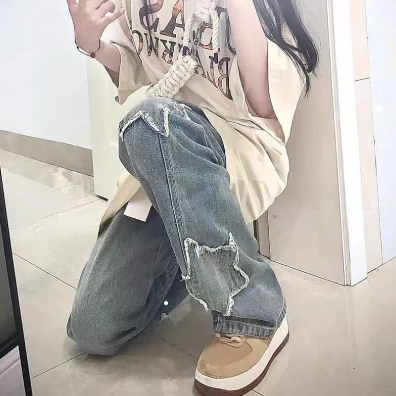 Belle Cie Cute Star Patch Baggy Denim Pants Women's Wide-leg (ST/No. 27691) (XXL, Blue)