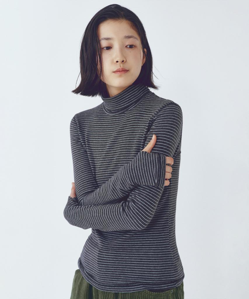 CITTA Every Day Angora Stripe Turtle-Neck T-Shirt_Ctt395(Charcoal)