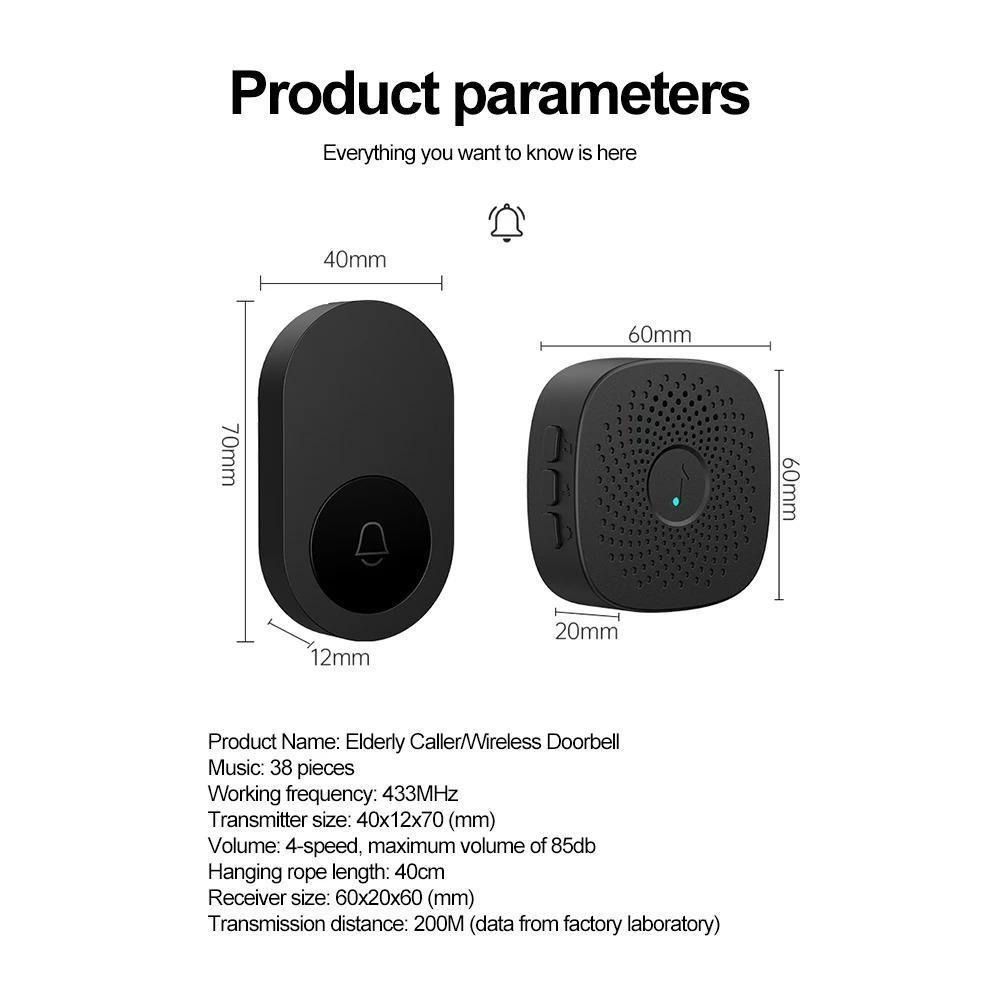 USB Wireless Doorbell Smart Welcome Door Bell Three-speed Volume 38 Songs Melodies Doorbell for Home Bed Call Emergent Call