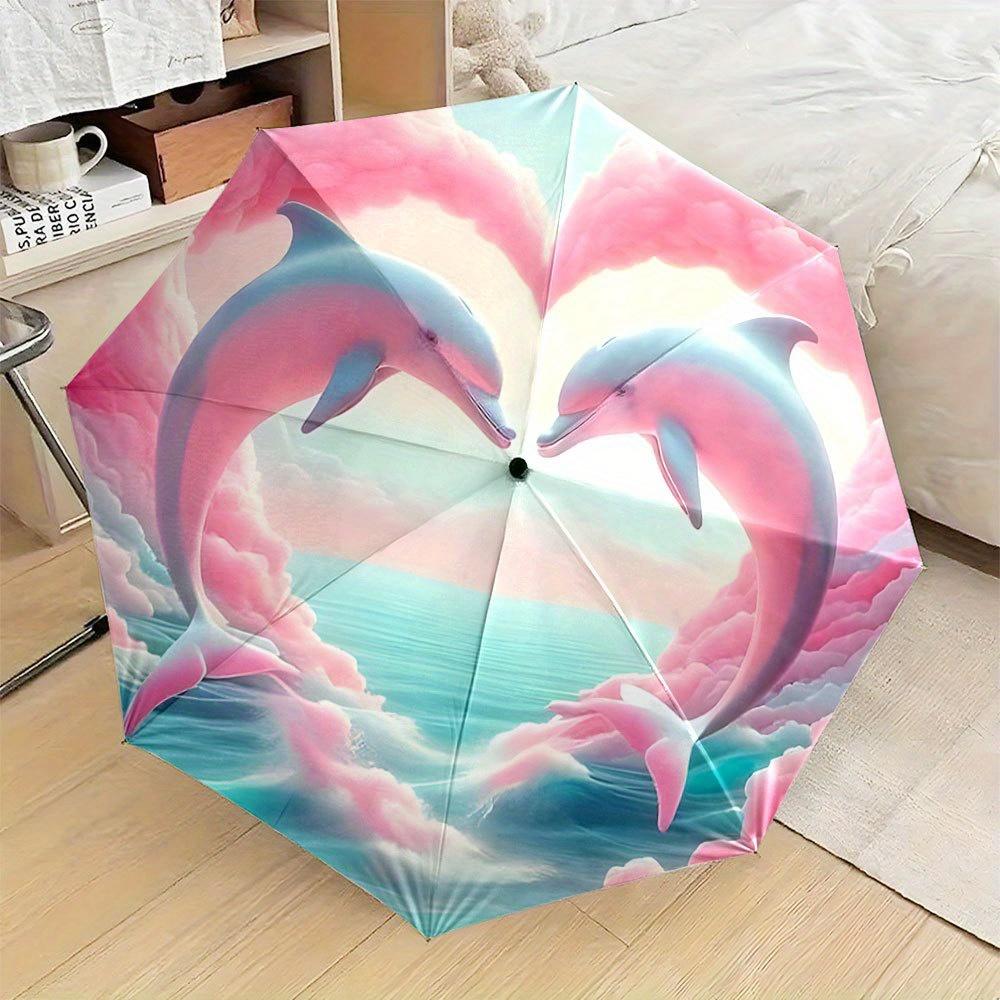 Women s Automatic Open/Close Folding Umbrella with 2-Dolphin & Pastel Ocean Design - //Purple/Teal Travel Umbrella, 8-Rib Comp Iron&8K