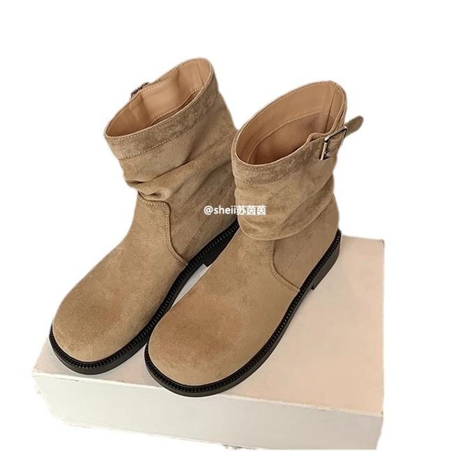 Grape mother of the same style, Korean blogger~ pleated buckle belt thick heel piled boots medium boots leather women's short boots