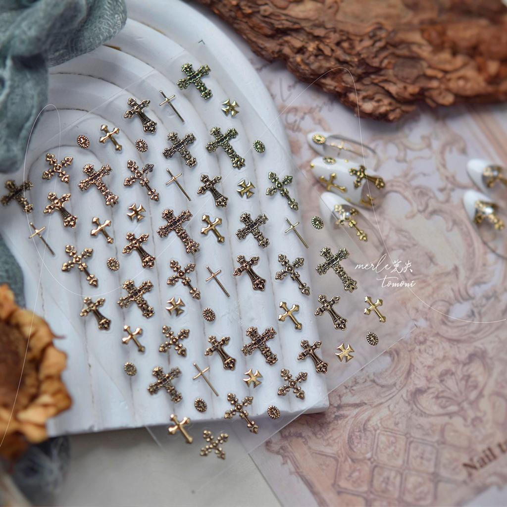 Retro Cross Nail Art Accessories Stickers Gold Silver Bronzing Multi Stely Cross Nail Stickers DIY Back Adhesive Manicure Decals