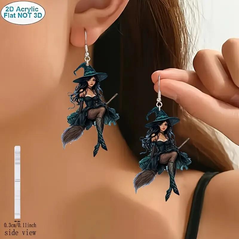 Fashionable and Creative Cartoon Witch Pendant Earrings, Halloween Dark and Sexy Wizard Pendant Earrings