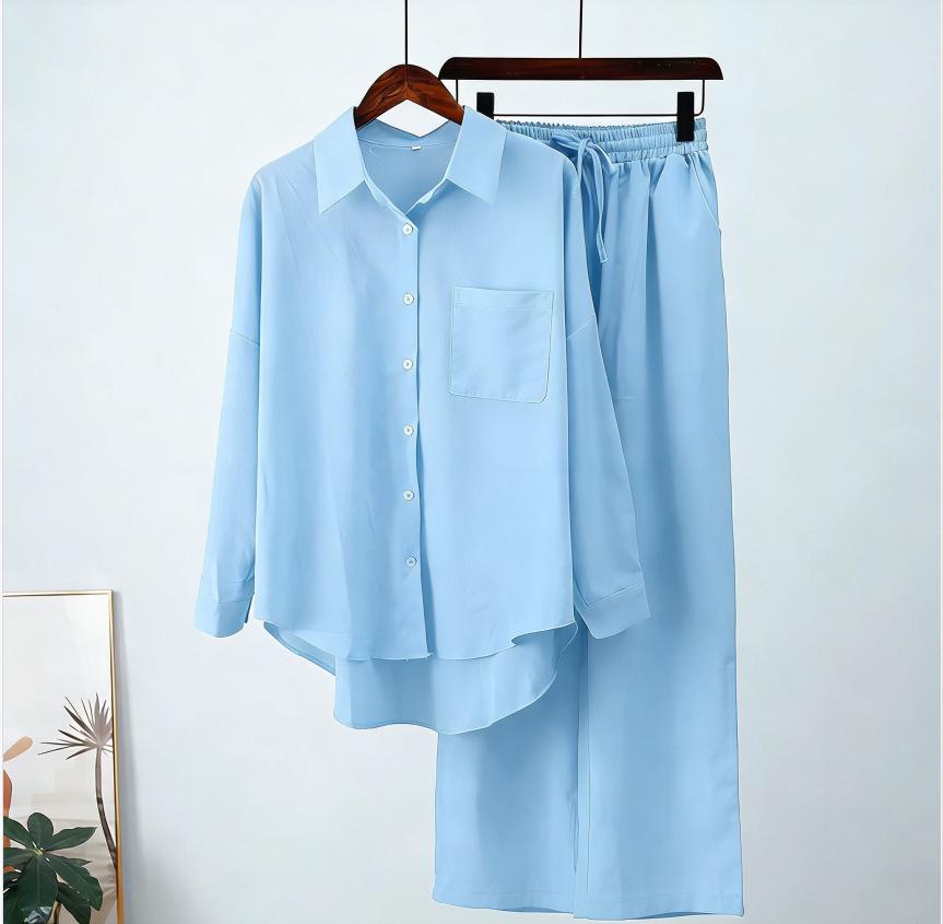 Lightweight Cotton Linen Wide-Leg Pants & Casual Loose Shirt Set - Plus Size, Spring/Autumn