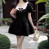 Black Square Neck Bow Bubble Sleeve Dress Women's Summer Temperament Waist Princess Fluffy Short Skirt Small Black Skirt