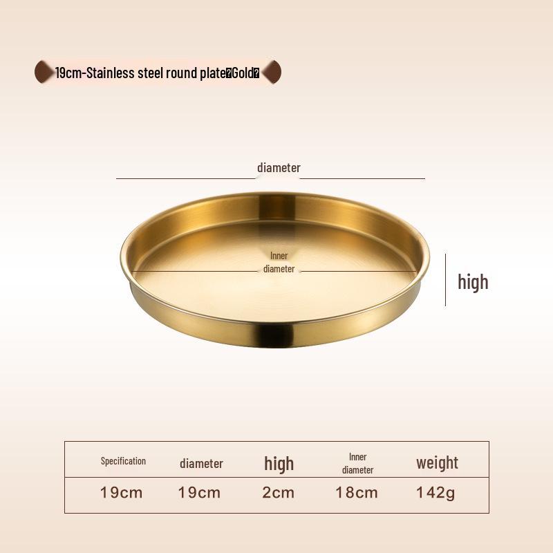 Korean Style Stainless Steel Round Golden Tray for Cold Noodles, Rice, or Steaming – Thickened Flat Bottom Plate