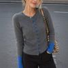 Women's contrasting cuff knitted cardigan crew neck single-breasted slim-fit knitted top autumn and winter casual cardigan sweater