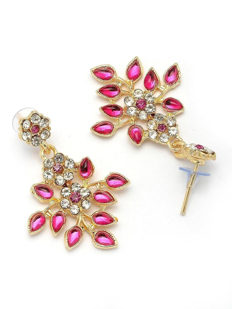 Charming Design Gold Plated AD Stone with Floral & Leaf Shaped Choker Necklace with Dangle Earring Jewellery Set
