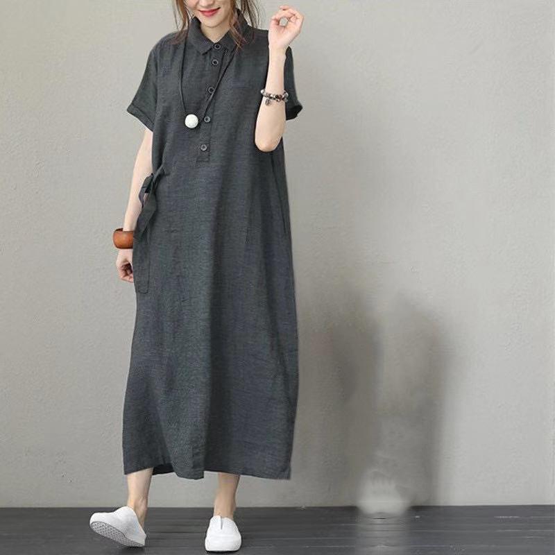 Cotton and Linen Collar Short Sleeved Loose Women's Casual Dress