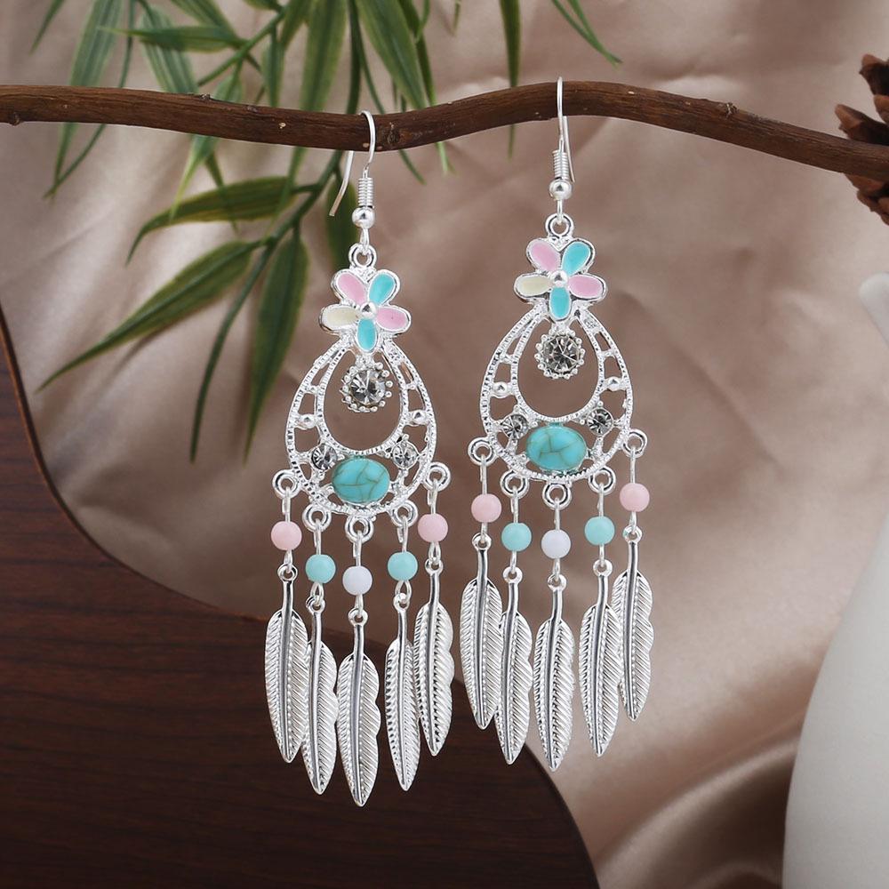 Ethnic Turquoise Feather Tassel Earrings - Bohemian Face-Slimming Dangle Accessories