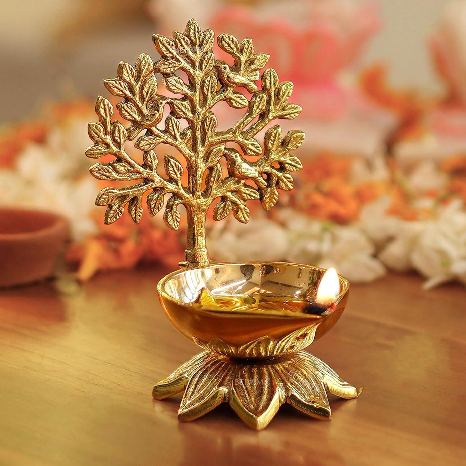 Pure Brass Kalpavriksha Diya for Puja | Religious Deepak for Mandir, Temple, Office