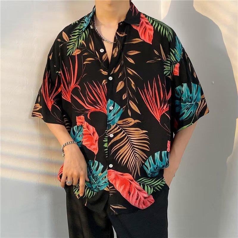 Short-sleeved floral shirt for men, loose beach vacation style top, unisex couple's short-sleeved shirt