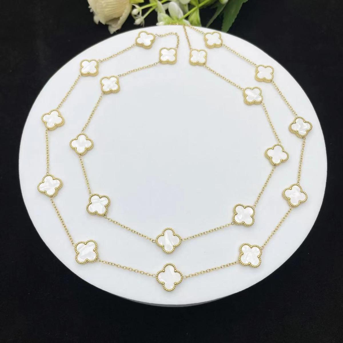 

18K Lucky Four Leaf Clover ожерелье 90 см длиной 20 цветков перламутровой цепочки свитера женское ожерелье высокого класса белый