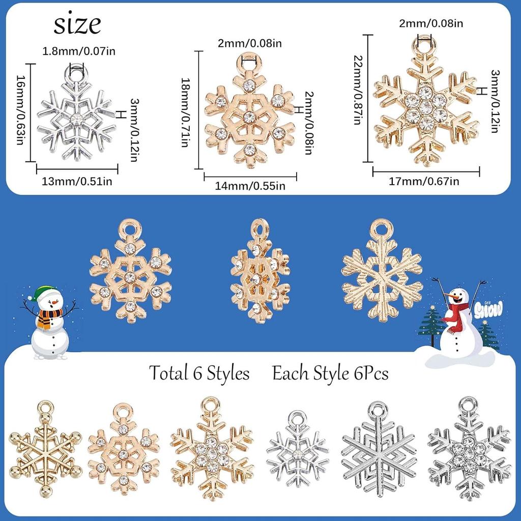 SUNNYCLUE 1 Box 36Pcs 6 Style Snow Charms Christmas Snowflake Charms Xmas Winter Rhinestone Pendants for Jewelry Making DIY Bracelet Necklace
