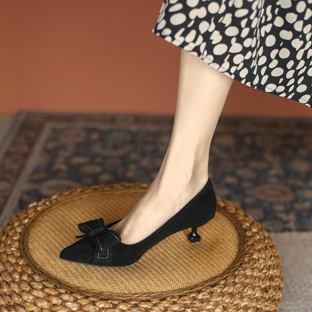 2025 New Spring Autumn Women's French High Heels - Pointed Toe Stiletto Low Heel, Elegant Black Bowknot Single Shoes XCY-6688-5