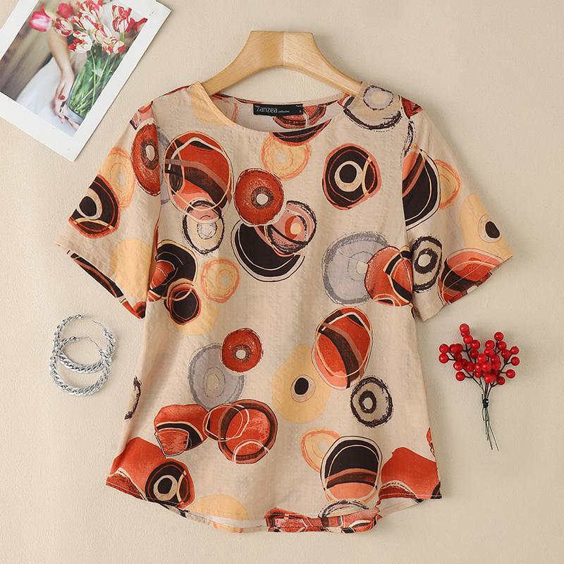 

ZANZEA Женская повседневная блузка с круглым вырезом и коротким рукавом с принтом 3XL красный