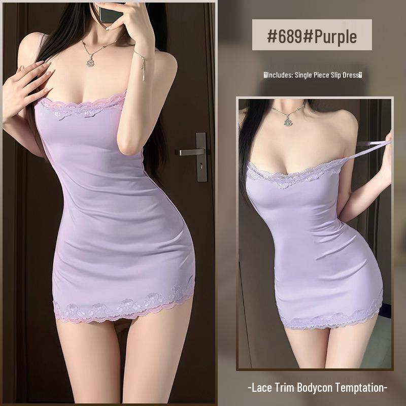 Xianyi Pure Desire Lace Splice Sexy Bodycon Sling Dress - Solid Color Sleepwear 689
