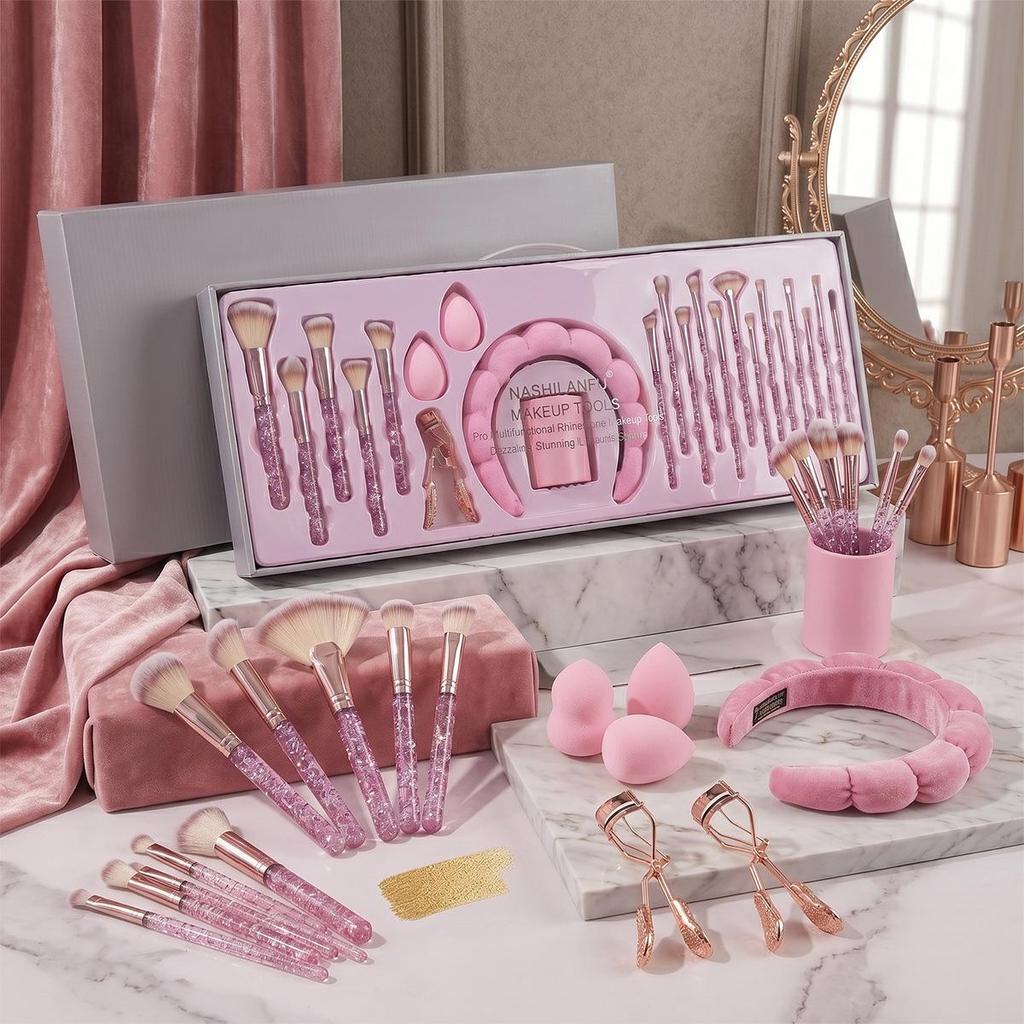 23-Piece Rhinestone Makeup Brush Set with Headband and Eyelash Curler
