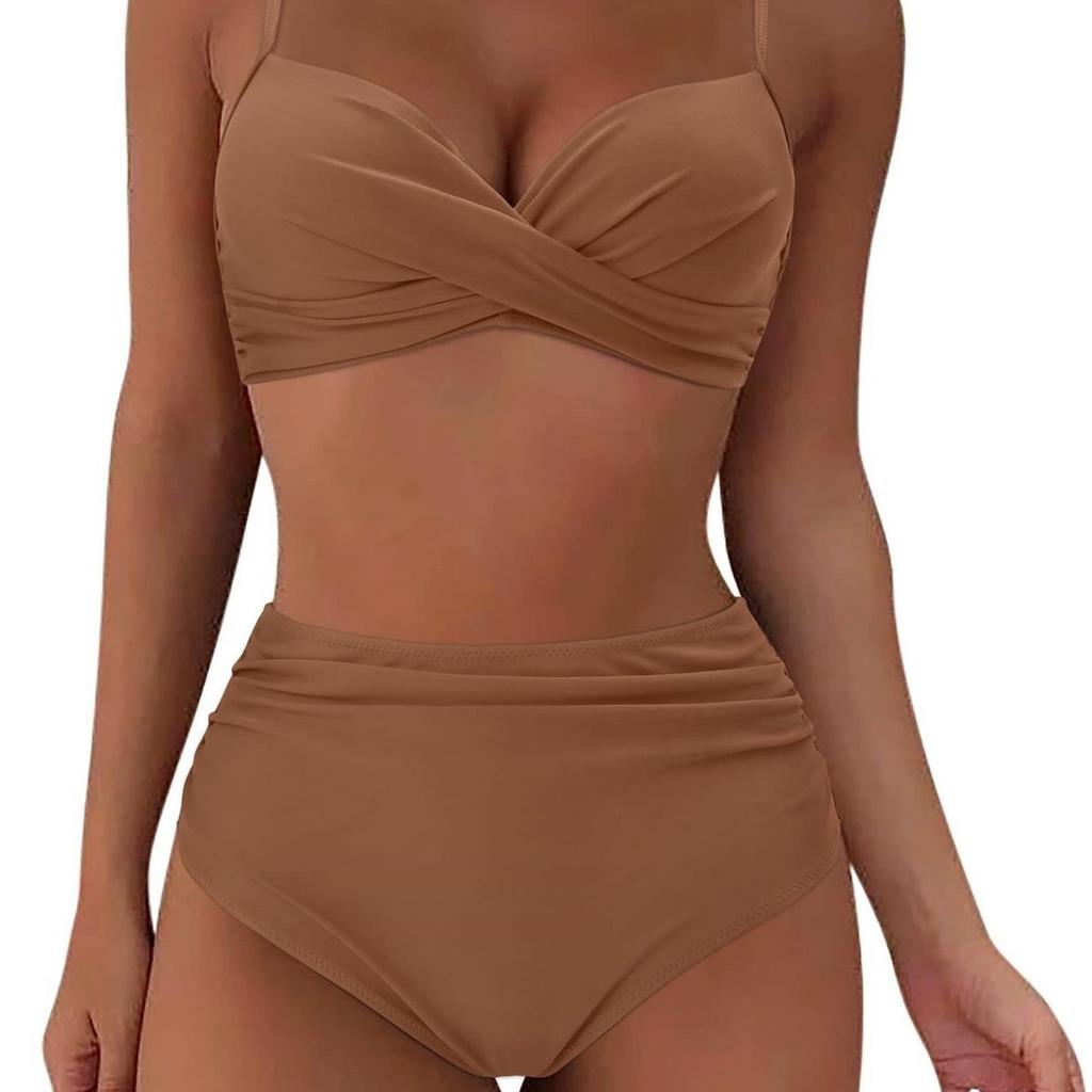 Women's Swimsuit Solid Color Pleated High Waist Sexy Bikini Tankini Beach Wear